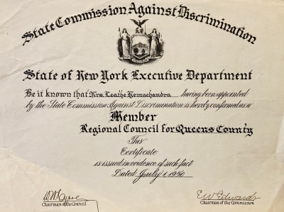 Certificate of appointment and membership for Leathe Hemachandra, the author's grandmother, from the New York State Commission Against Discrimination for the Regional Council for Queens County, dated July 1, 1950