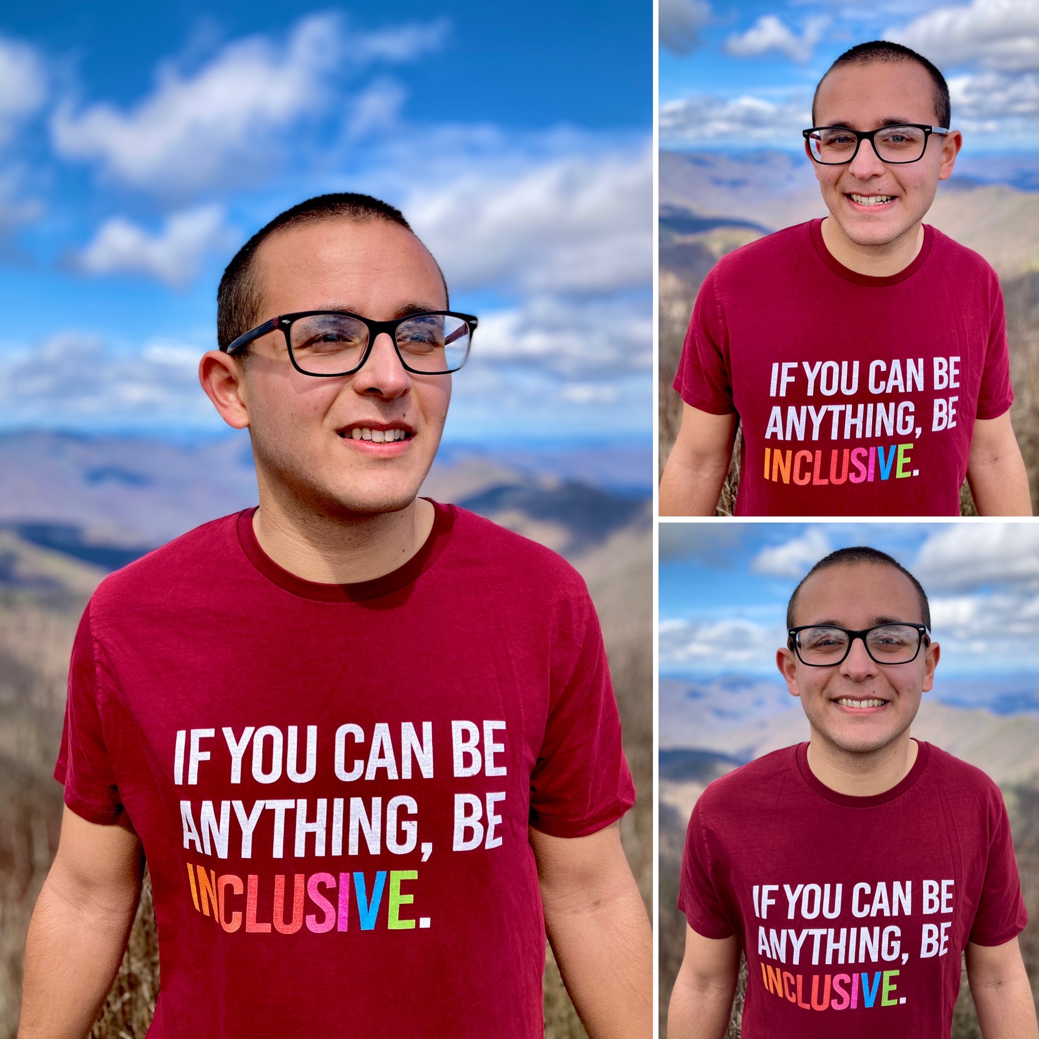 Nicholas Hemachandra on a mountaintop wearing a shirt that says, "If you can be anything, be inclusive."